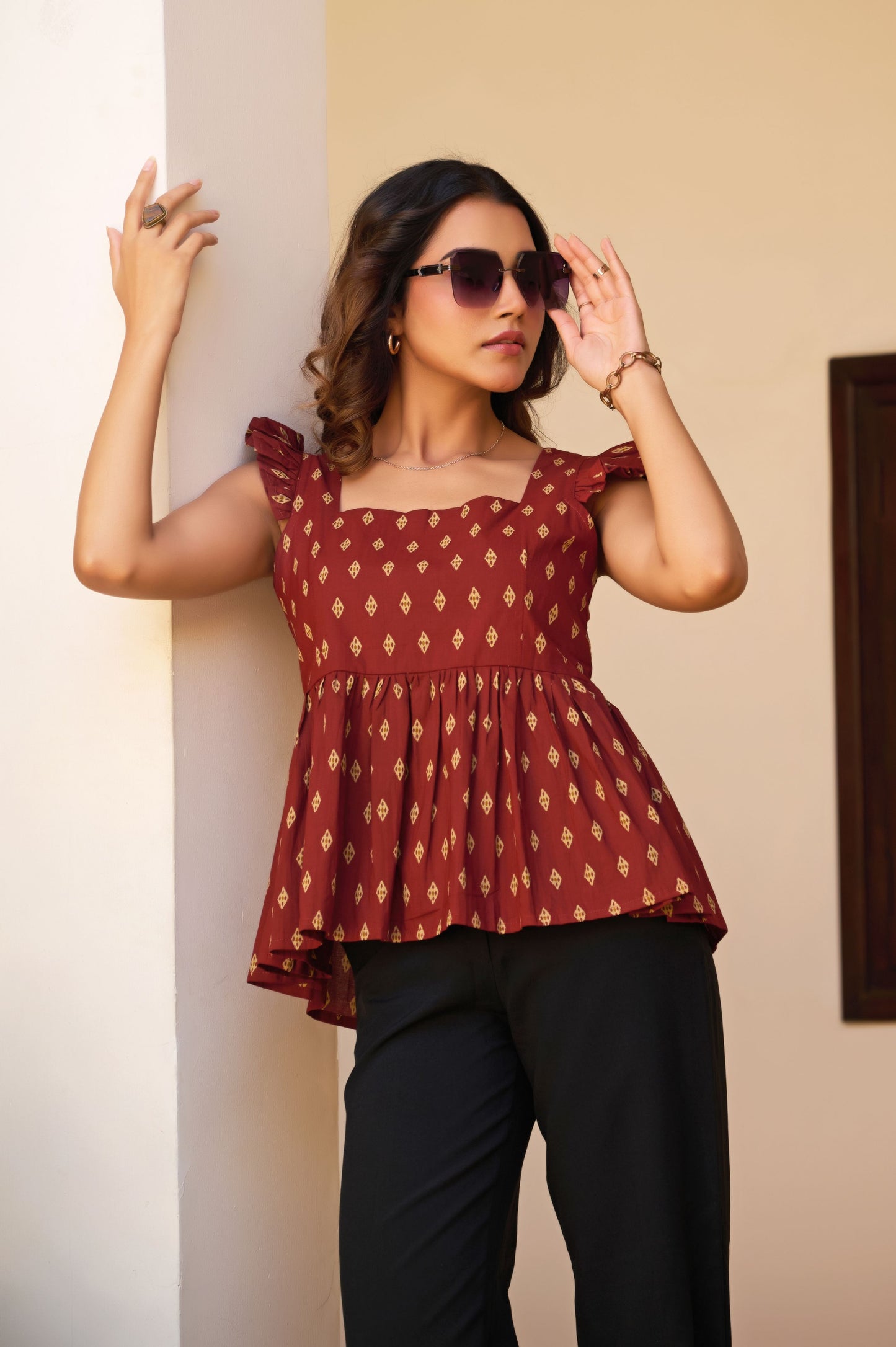Maroon Geometric Print Fit & Flare Cotton Stitched Top