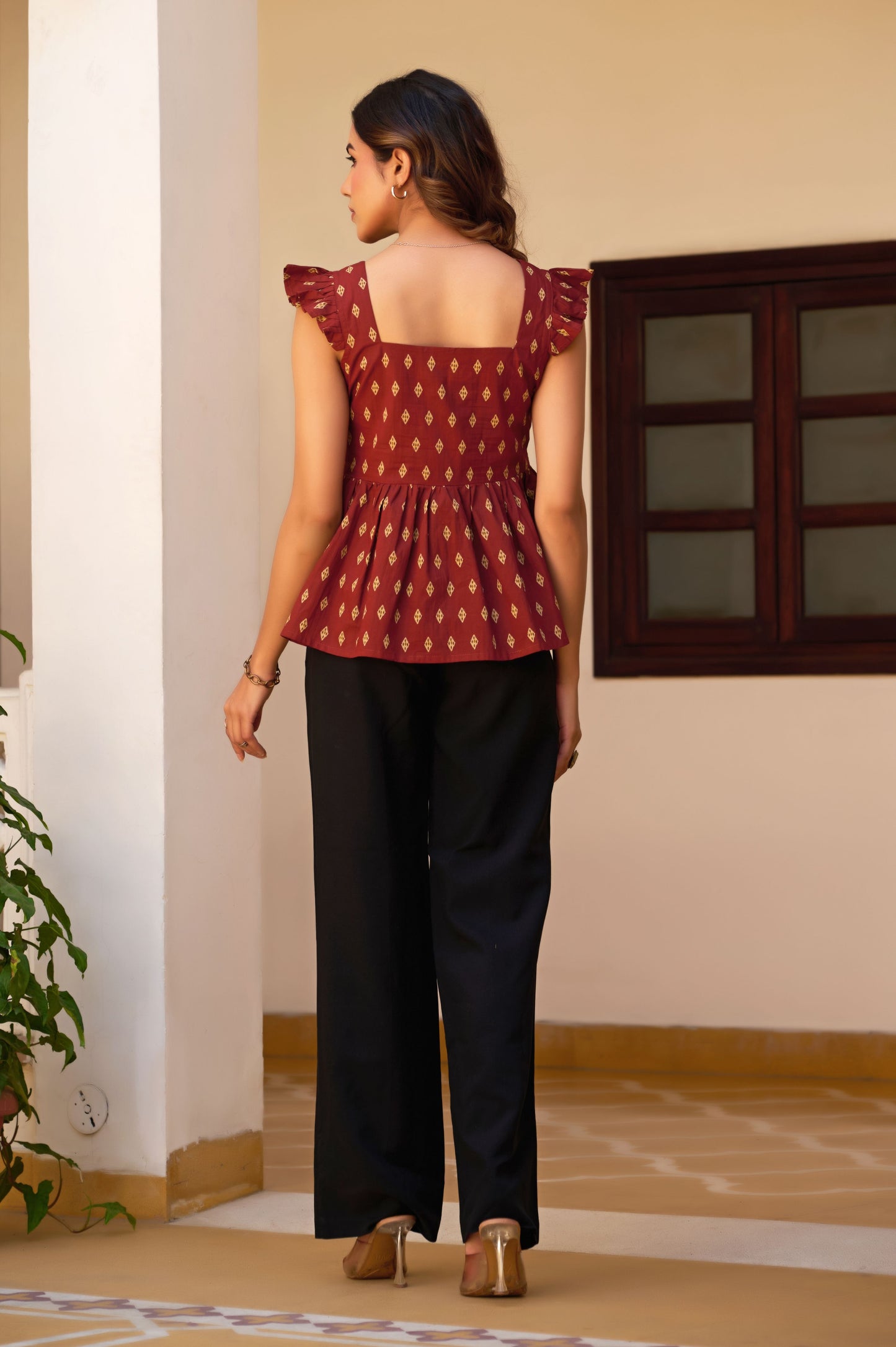 Maroon Geometric Print Fit & Flare Cotton Stitched Top