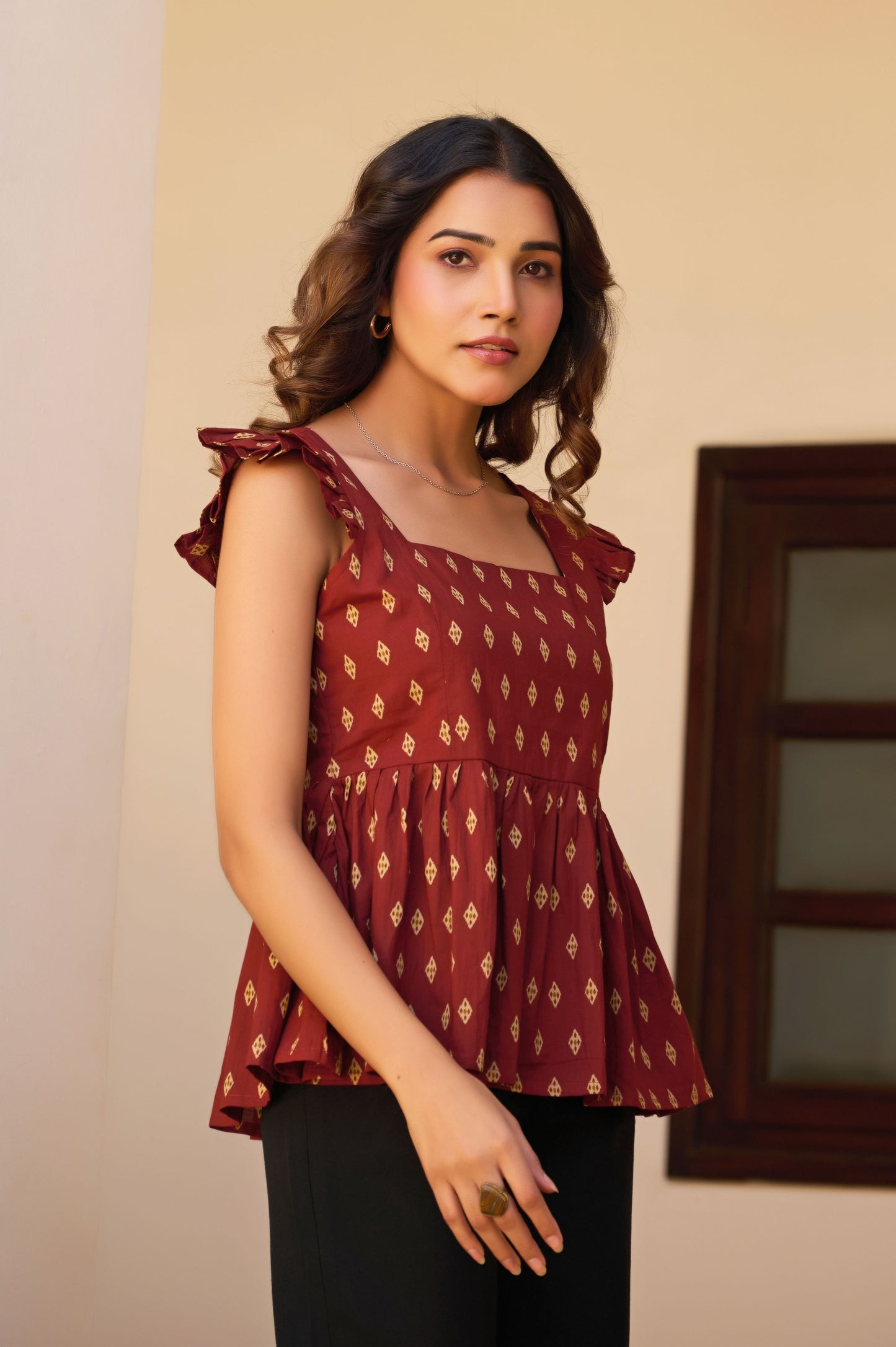 Maroon Geometric Print Fit & Flare Cotton Stitched Top