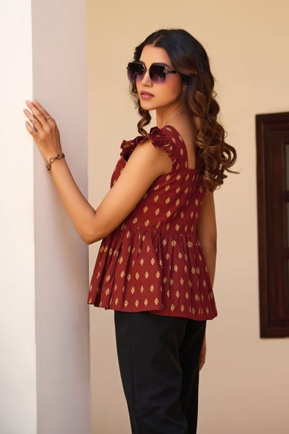 Maroon Geometric Print Fit & Flare Cotton Stitched Top