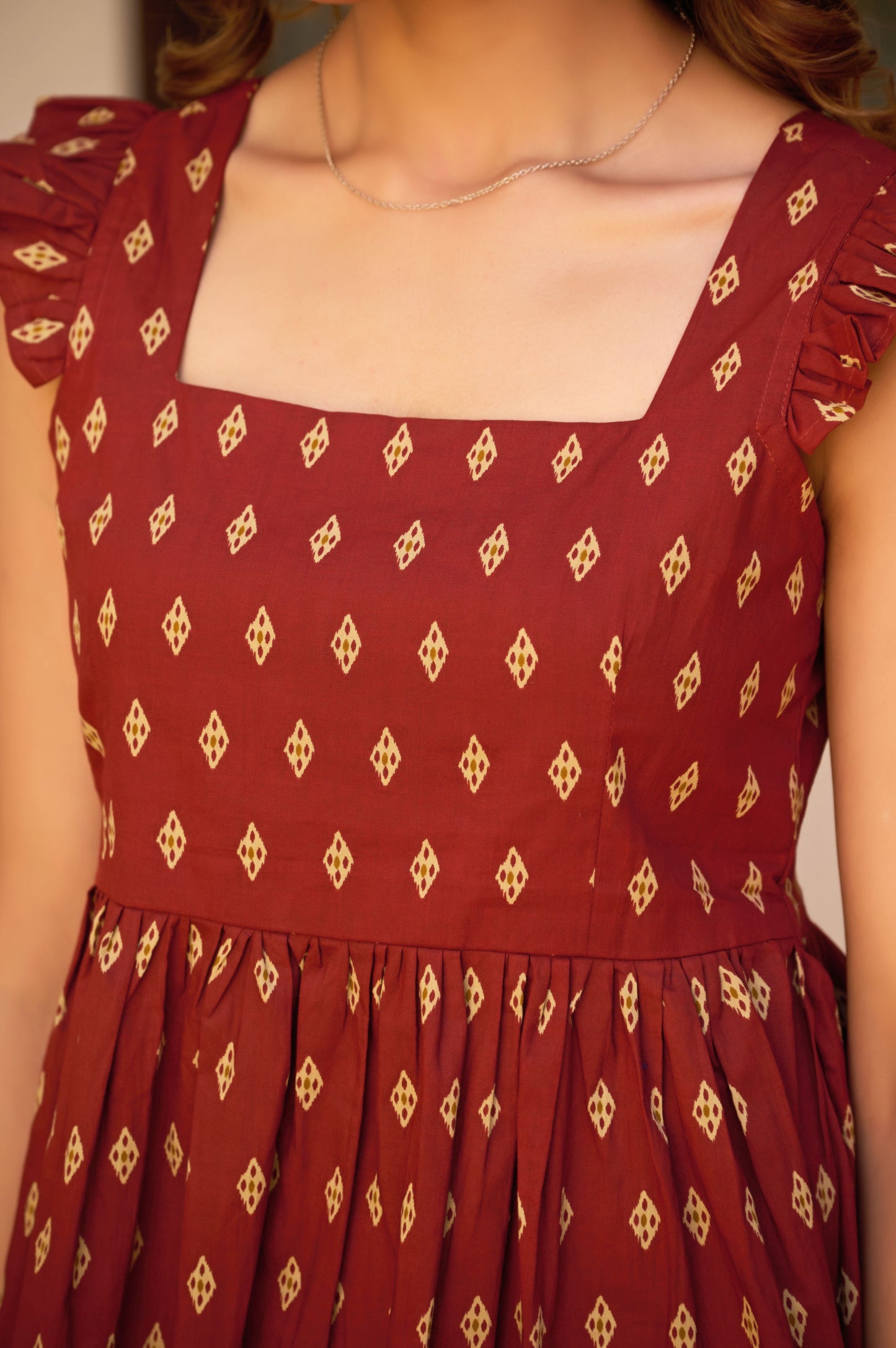 Maroon Geometric Print Fit & Flare Cotton Stitched Top
