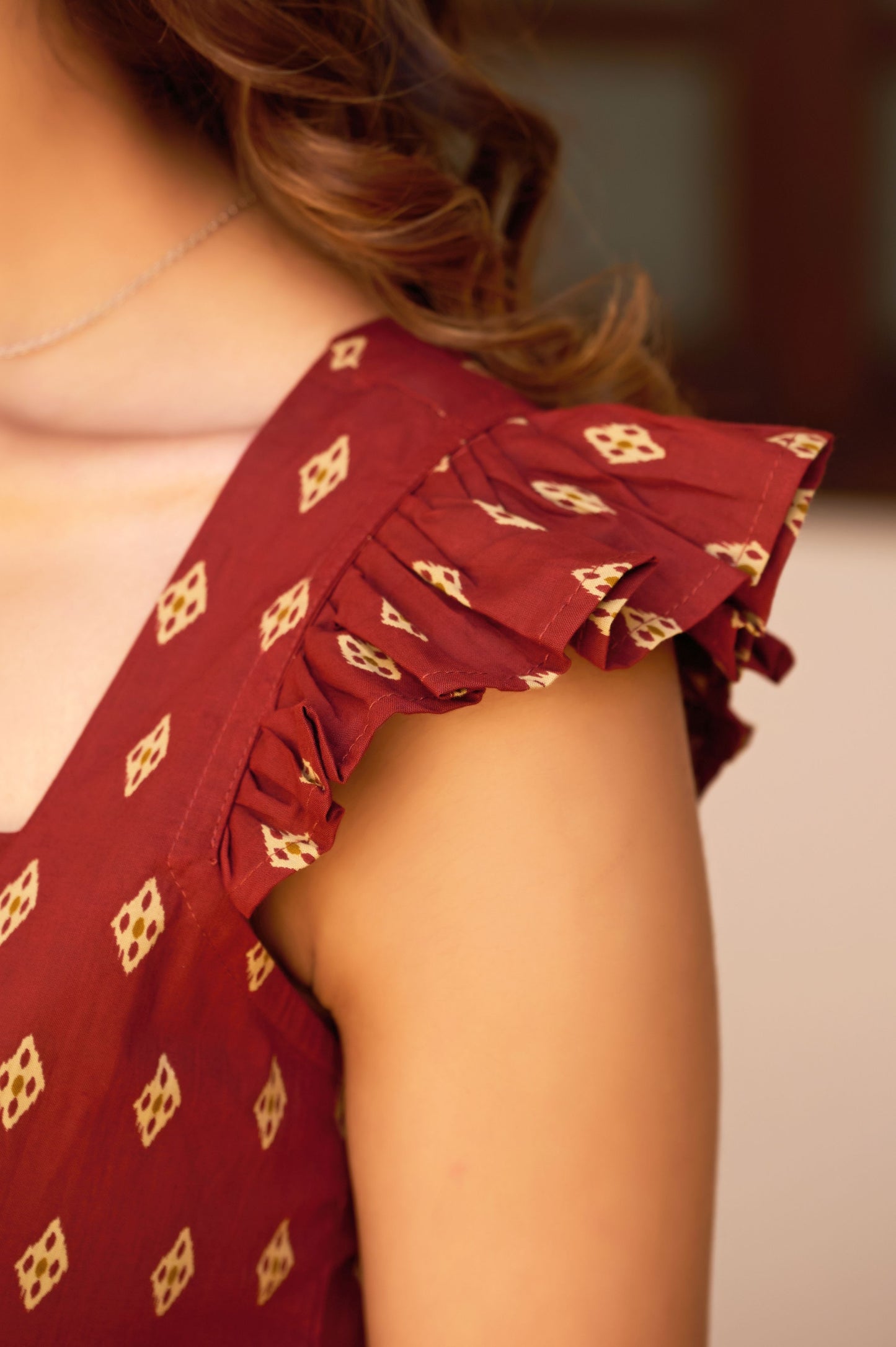 Maroon Geometric Print Fit & Flare Cotton Stitched Top