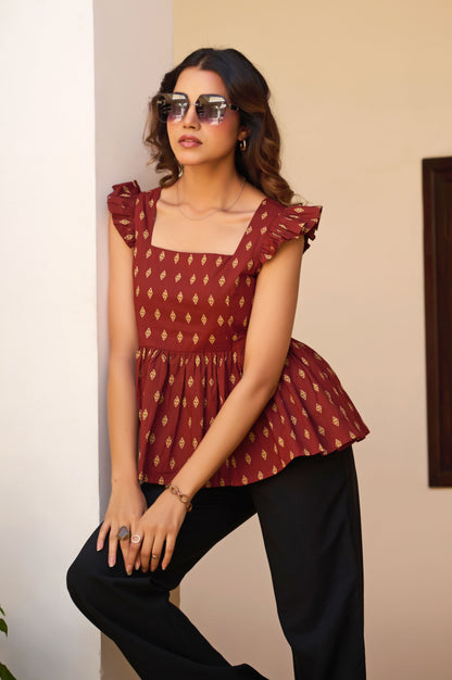 Maroon Geometric Print Fit & Flare Cotton Stitched Top