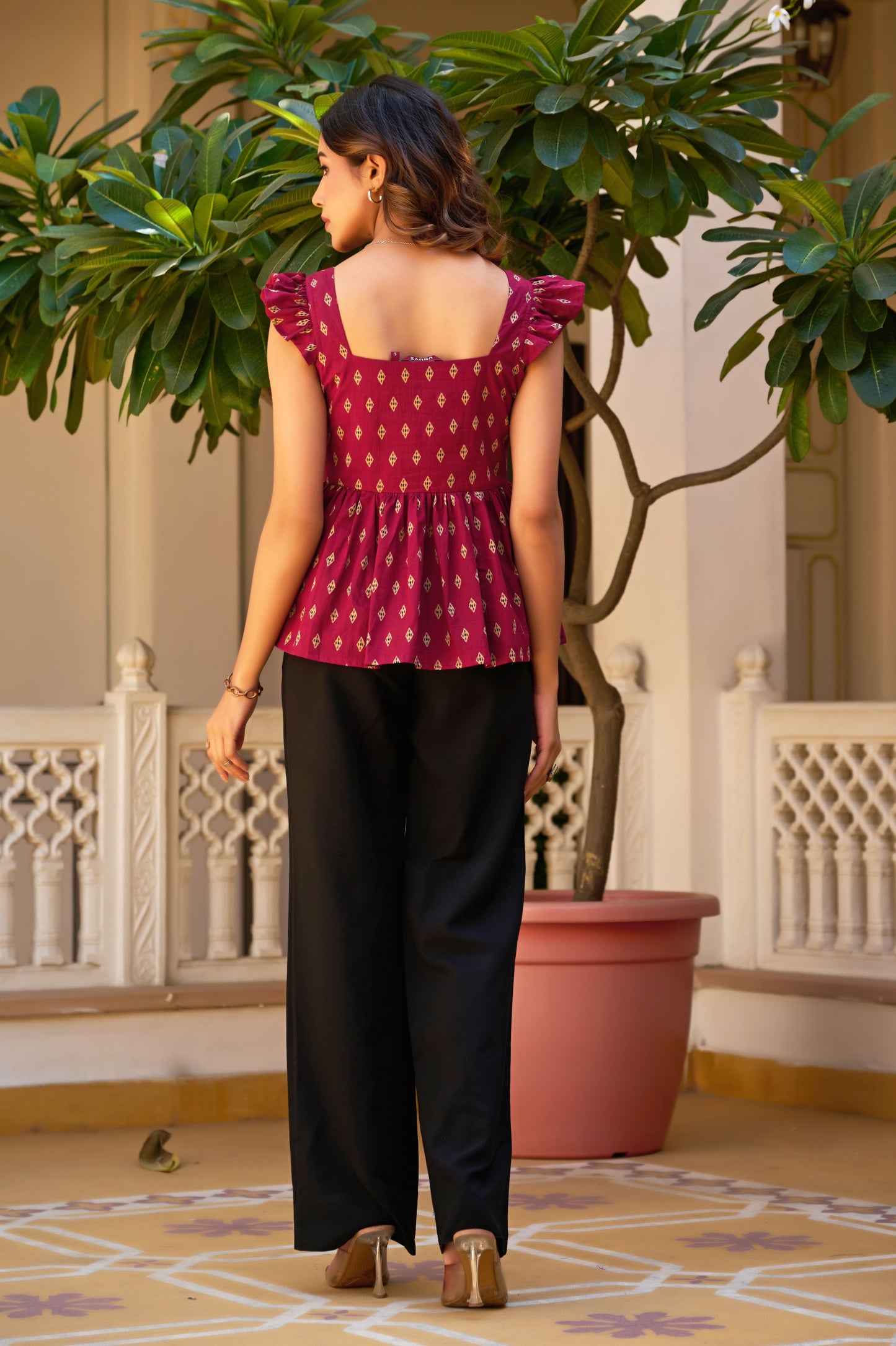 Burgundy Geometric Print Fit & Flare Cotton Stitched Top