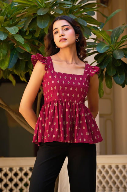 Burgundy Geometric Print Fit & Flare Cotton Stitched Top