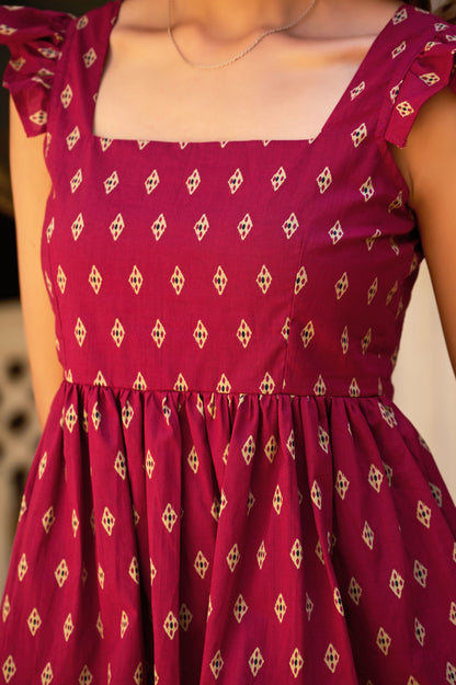 Burgundy Geometric Print Fit & Flare Cotton Stitched Top