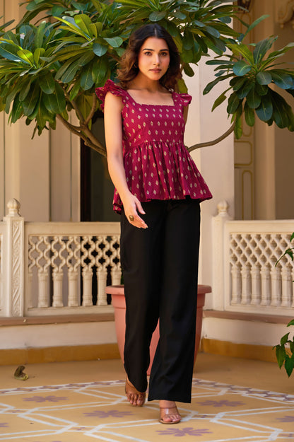 Burgundy Geometric Print Fit & Flare Cotton Stitched Top