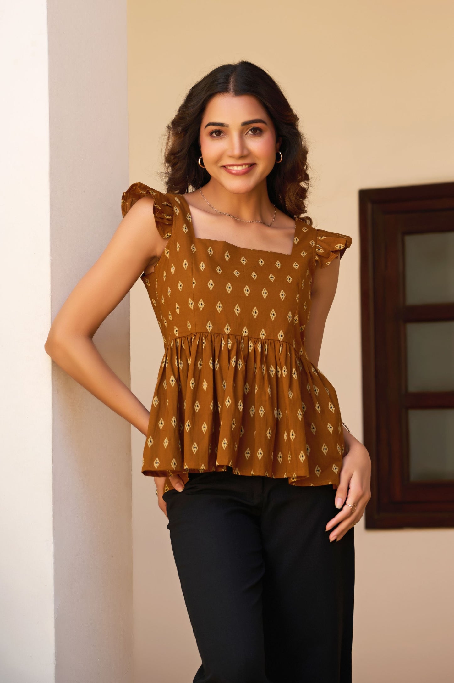Brown Geometric Print Fit & Flare Cotton Stitched Top