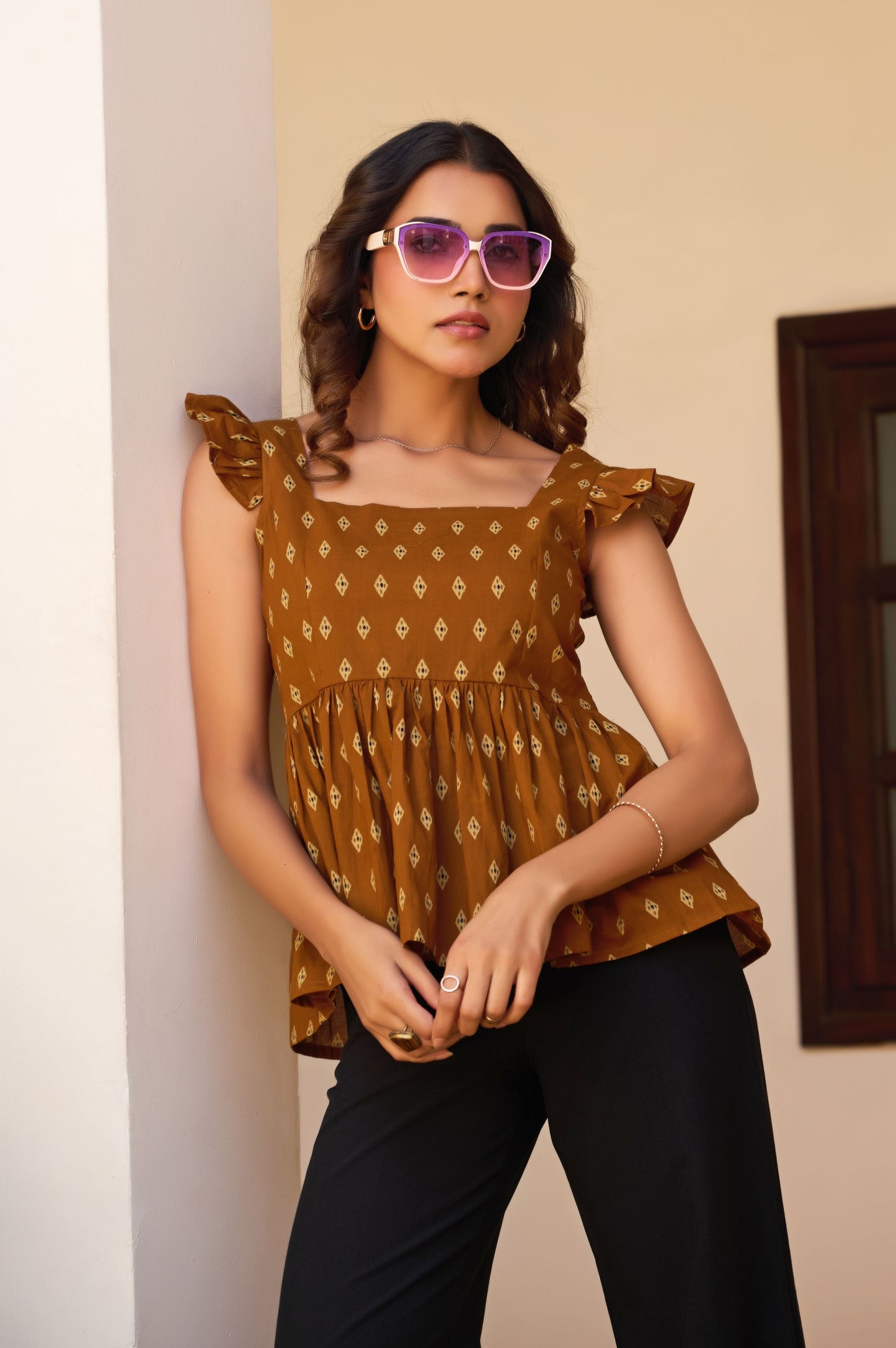 Brown Geometric Print Fit & Flare Cotton Stitched Top