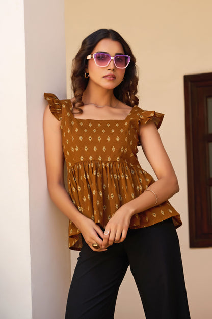 Brown Geometric Print Fit & Flare Cotton Stitched Top