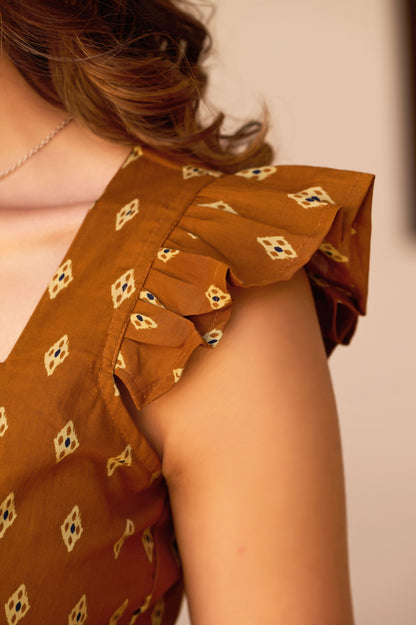 Brown Geometric Print Fit & Flare Cotton Stitched Top