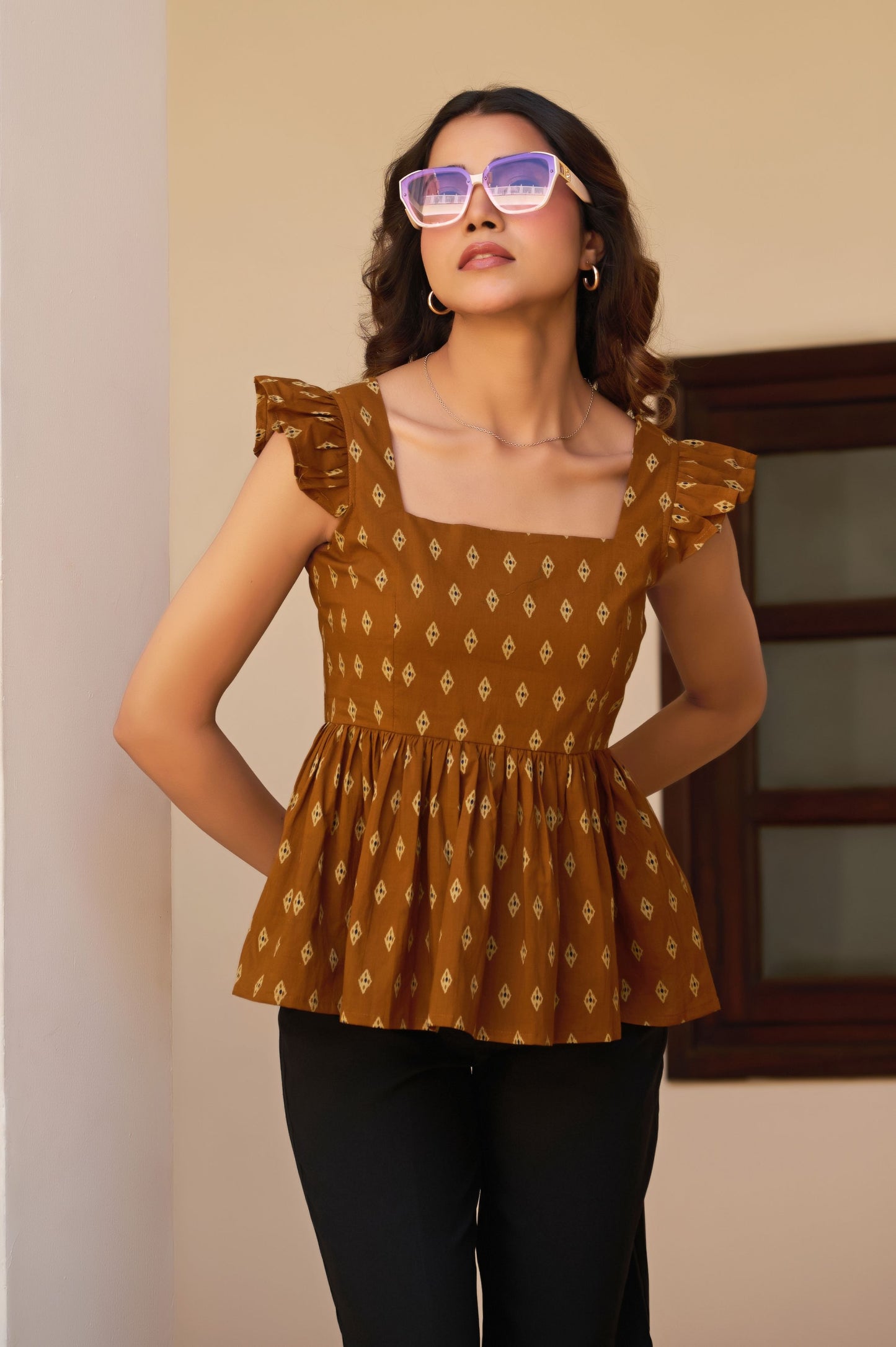 Brown Geometric Print Fit & Flare Cotton Stitched Top