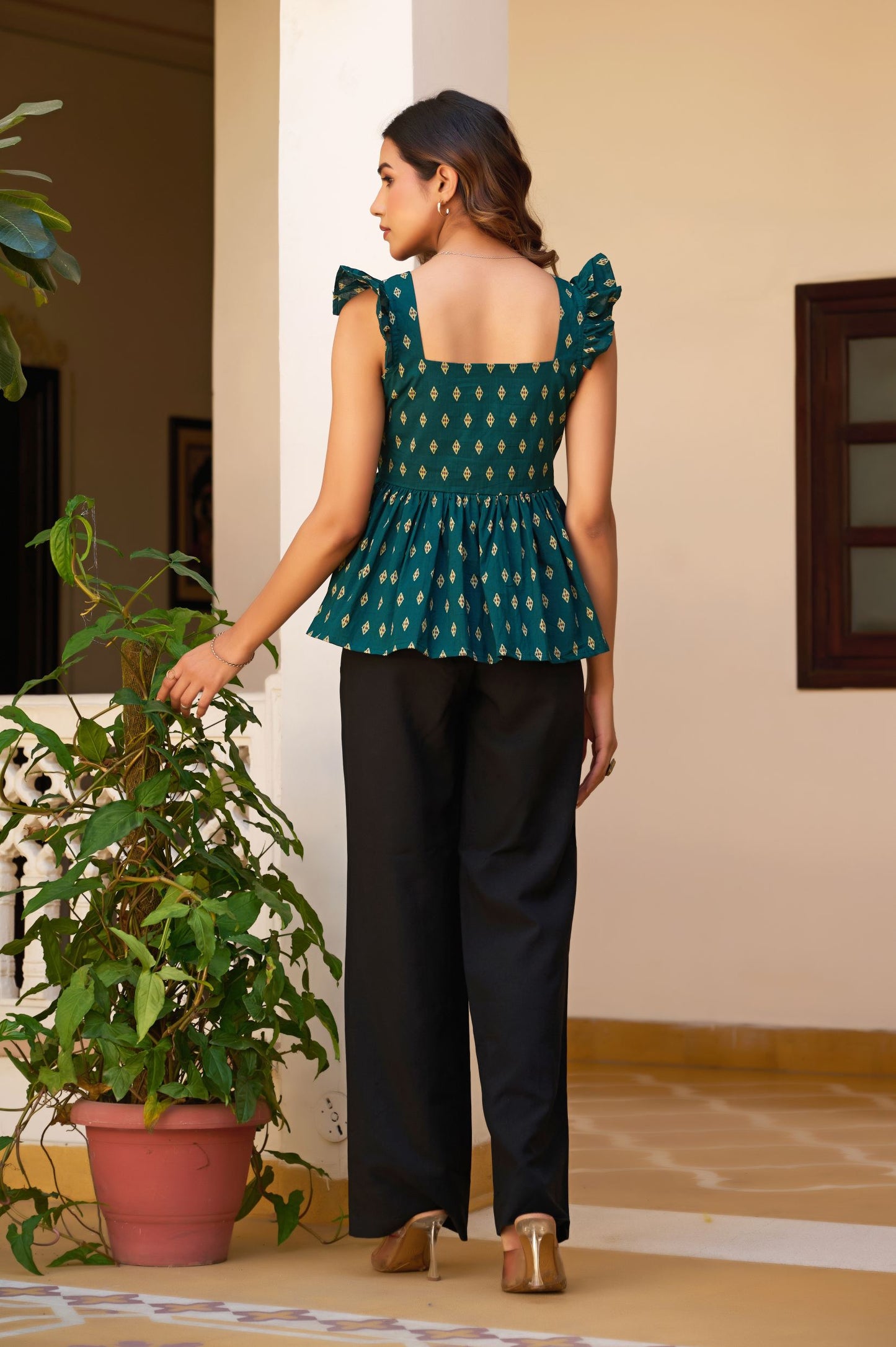 Teal Geometric Print Fit & Flare Cotton Stitched Top