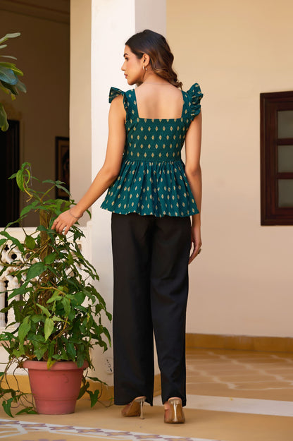 Teal Geometric Print Fit & Flare Cotton Stitched Top