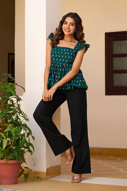 Teal Geometric Print Fit & Flare Cotton Stitched Top