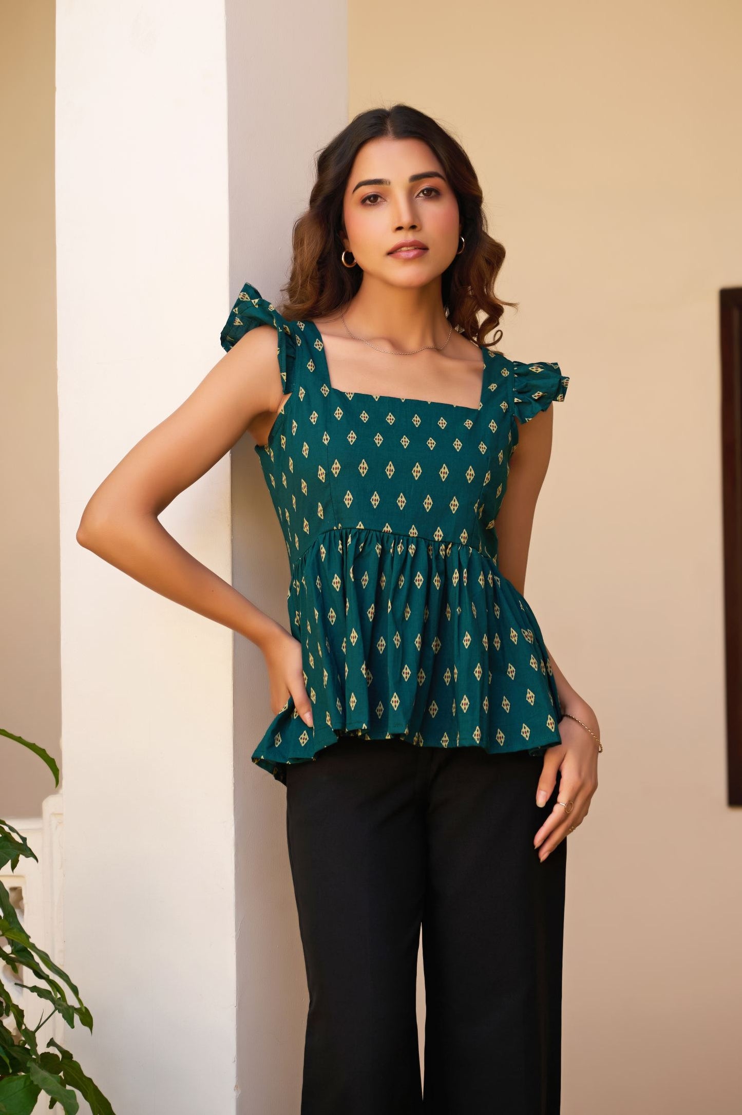 Teal Geometric Print Fit & Flare Cotton Stitched Top