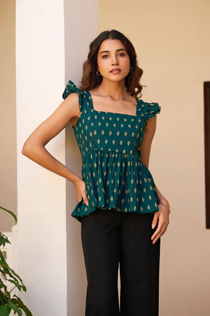 Teal Geometric Print Fit & Flare Cotton Stitched Top