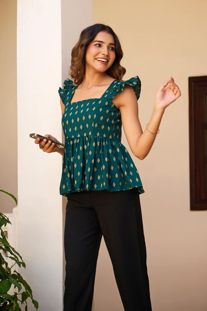 Teal Geometric Print Fit & Flare Cotton Stitched Top