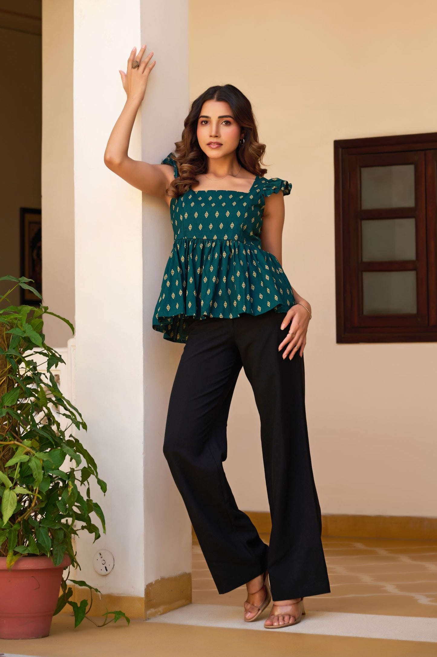 Teal Geometric Print Fit & Flare Cotton Stitched Top