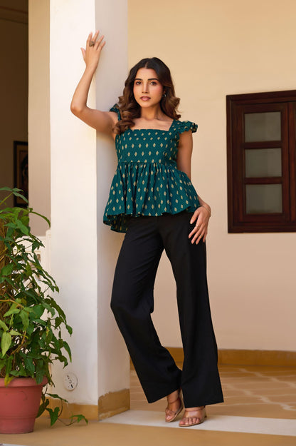 Teal Geometric Print Fit & Flare Cotton Stitched Top