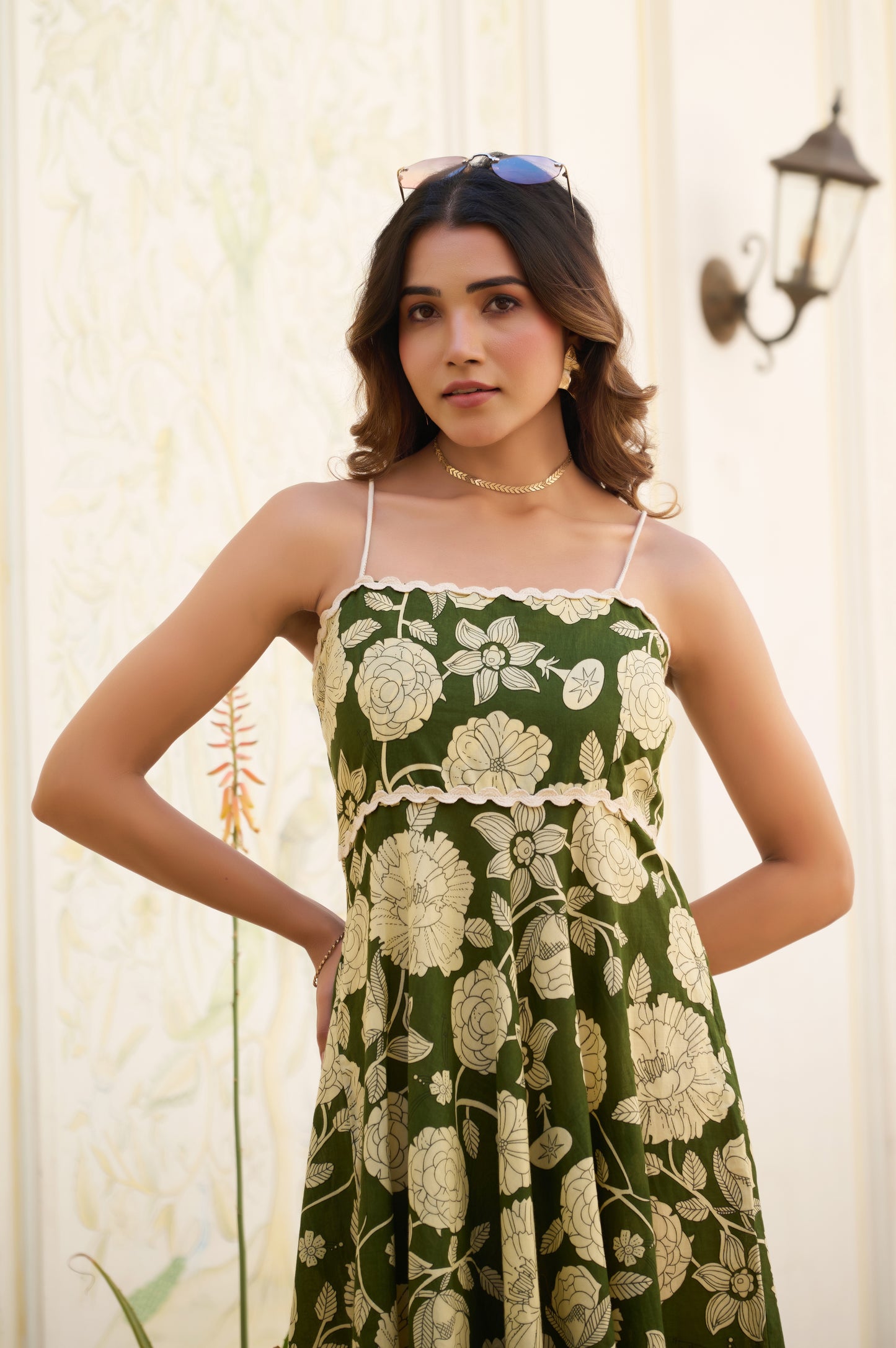 Mahendi Green Floral Print Fit & Flare Cotton Stitched Dress