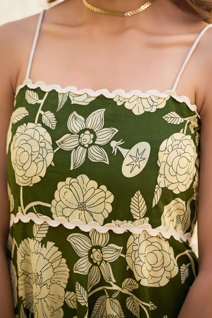 Mahendi Green Floral Print Fit & Flare Cotton Stitched Dress