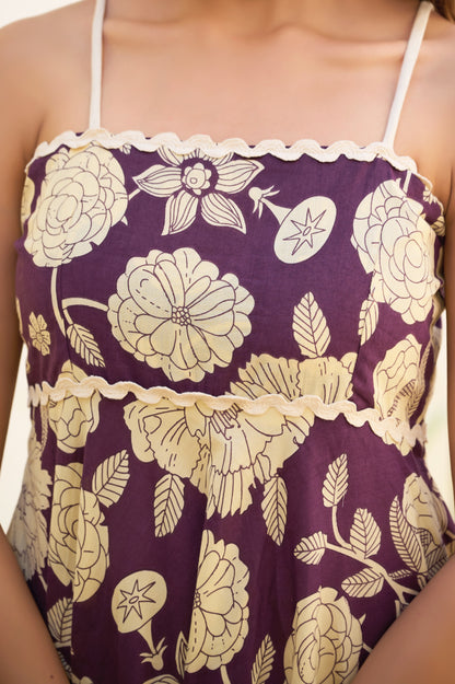 Wine Floral Print Fit & Flare Cotton Stitched Dress