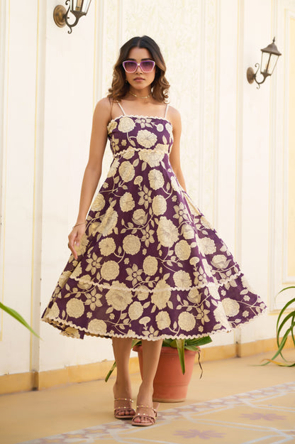 Wine Floral Print Fit & Flare Cotton Stitched Dress