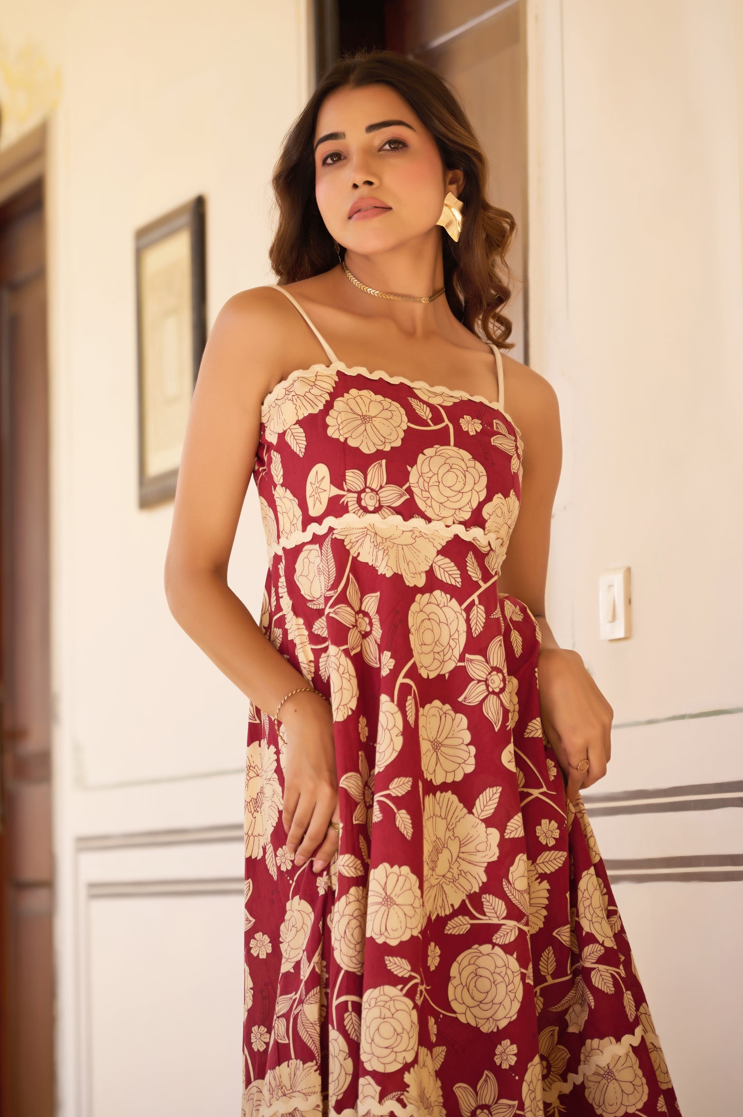 Maroon Floral Print Fit & Flare Cotton Stitched Dress