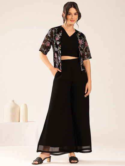 Black Solid Straight Georgette Stitched Kurta, Sharara With Shrug