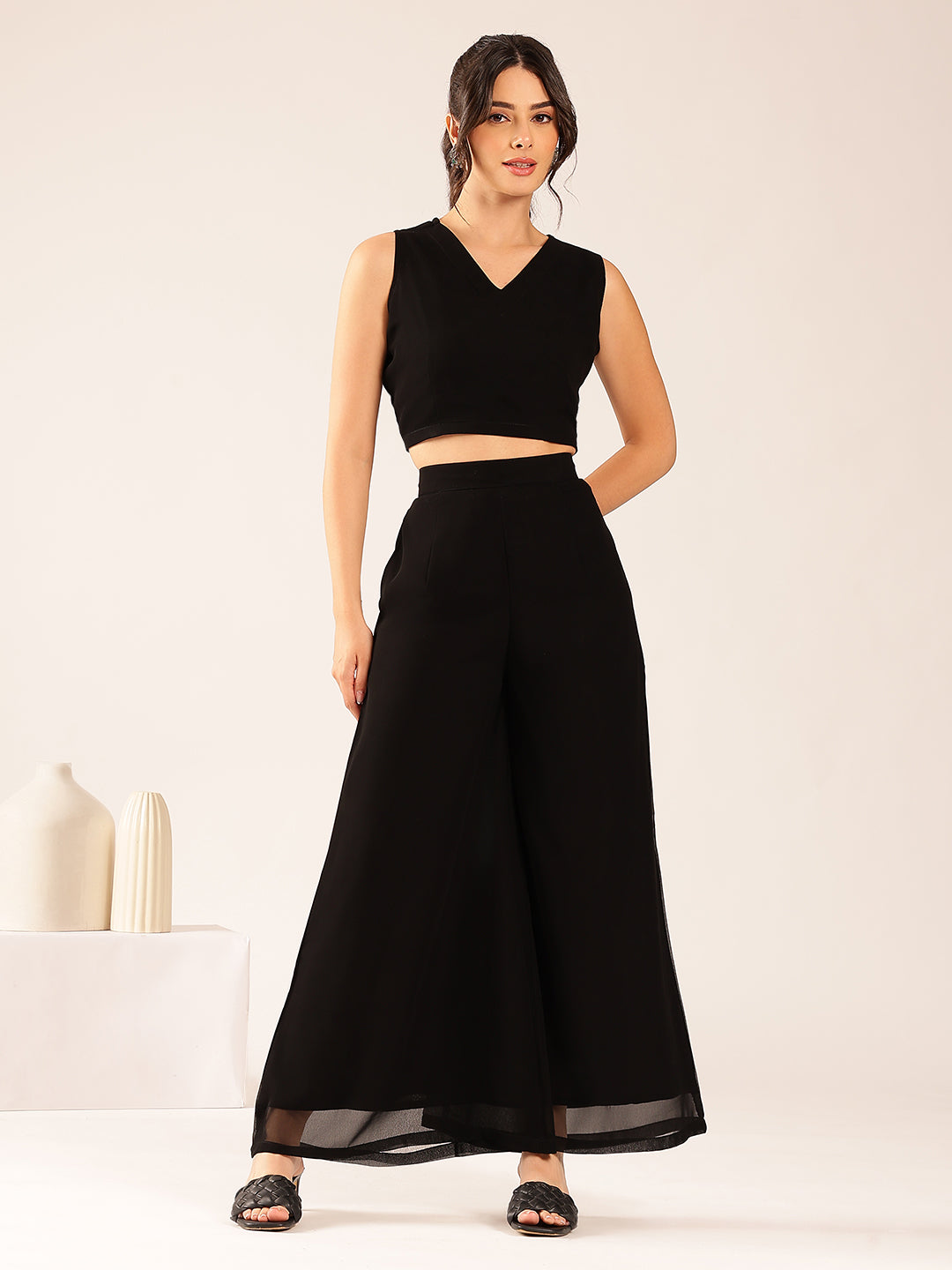 Black Solid Straight Georgette Stitched Kurta, Sharara With Shrug