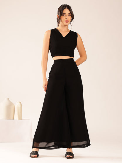 Black Solid Straight Georgette Stitched Kurta, Sharara With Shrug