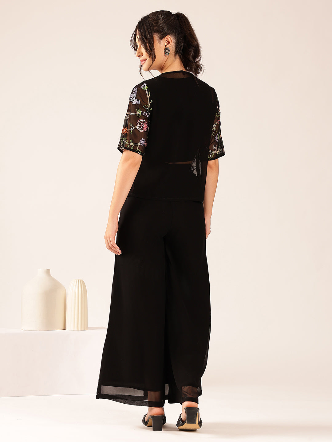 Black Solid Straight Georgette Stitched Kurta, Sharara With Shrug
