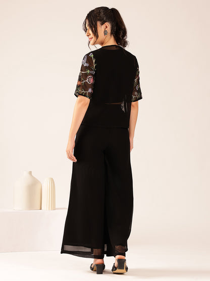 Black Solid Straight Georgette Stitched Kurta, Sharara With Shrug