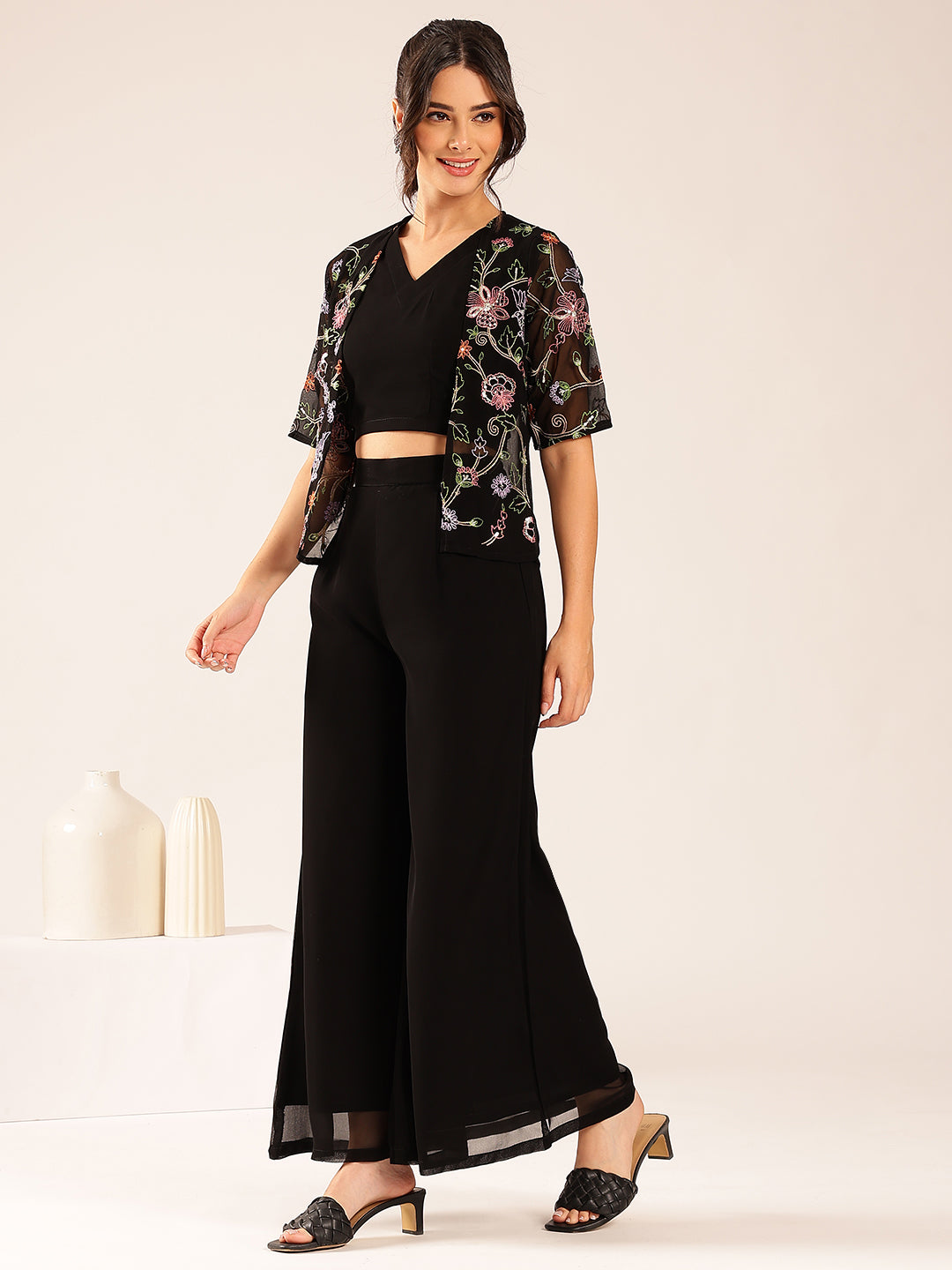 Black Solid Straight Georgette Stitched Kurta, Sharara With Shrug