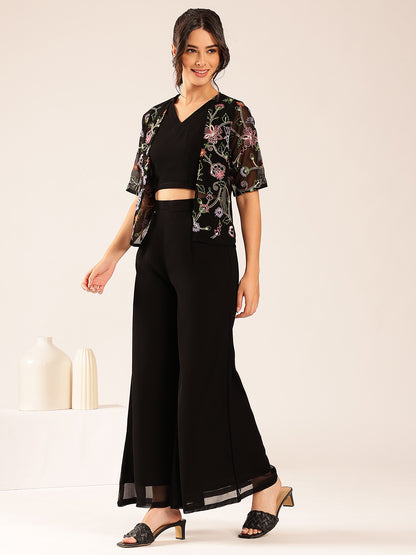 Black Solid Straight Georgette Stitched Kurta, Sharara With Shrug