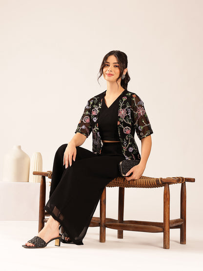 Black Solid Straight Georgette Stitched Kurta, Sharara With Shrug