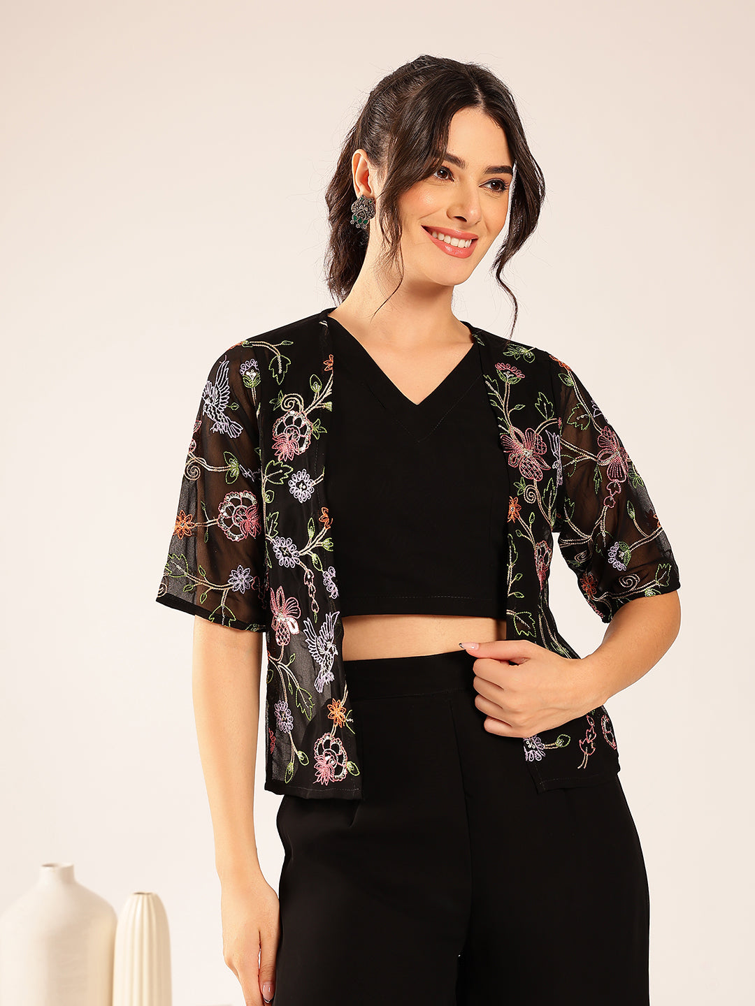 Black Solid Straight Georgette Stitched Kurta, Sharara With Shrug