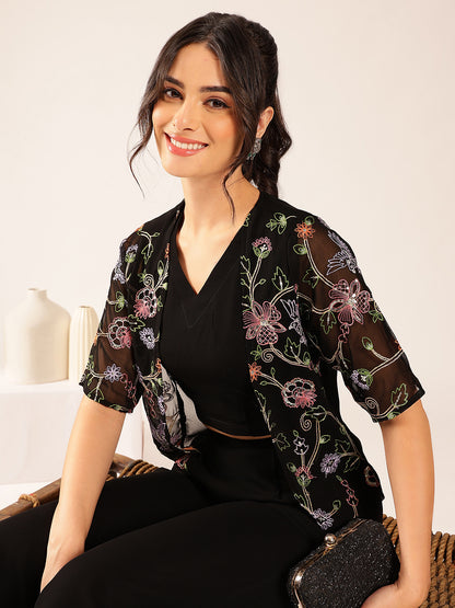 Black Solid Straight Georgette Stitched Kurta, Sharara With Shrug