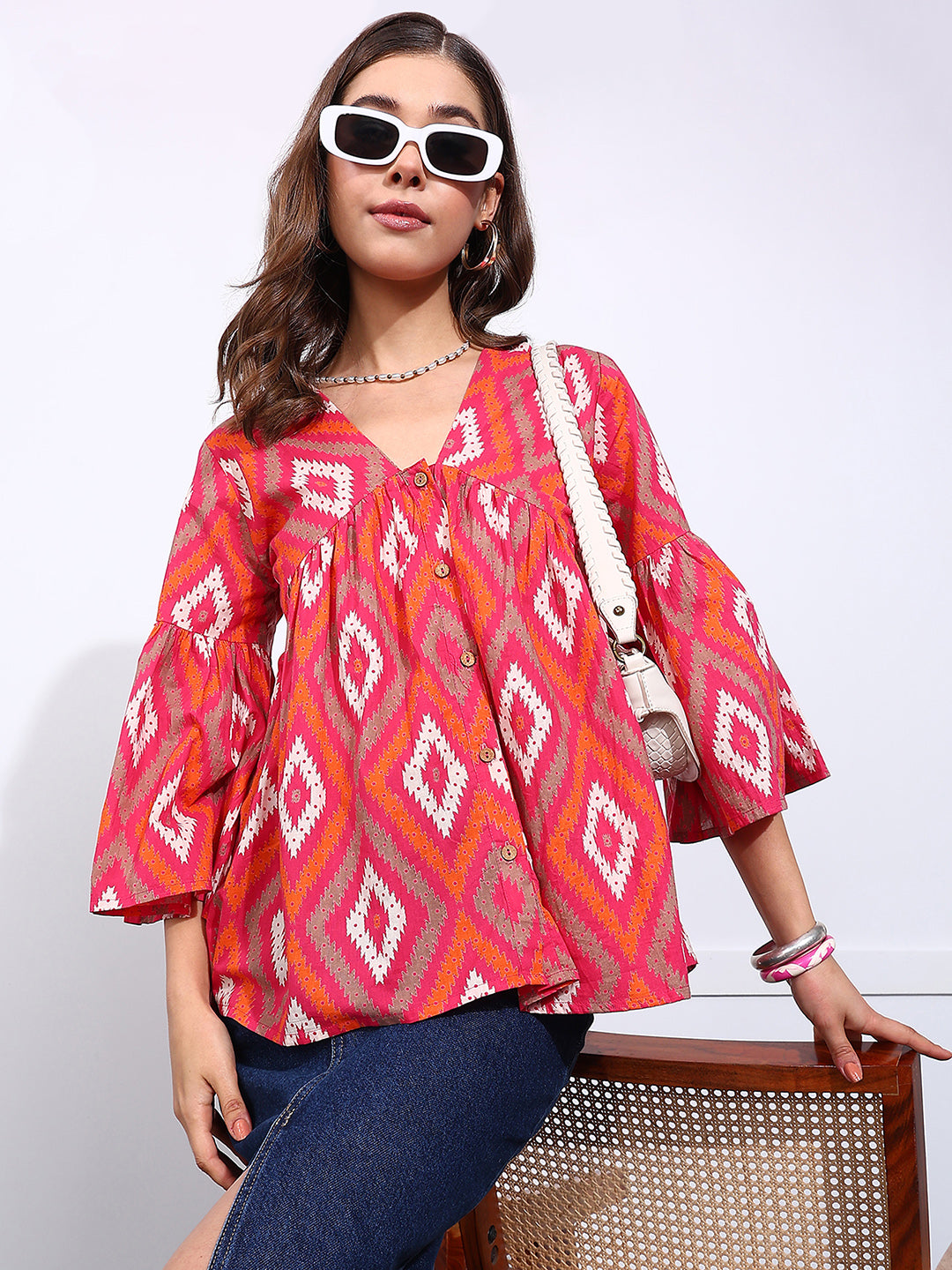 Pink Geometric Pattern Fit & Flare Cotton Stitched Top