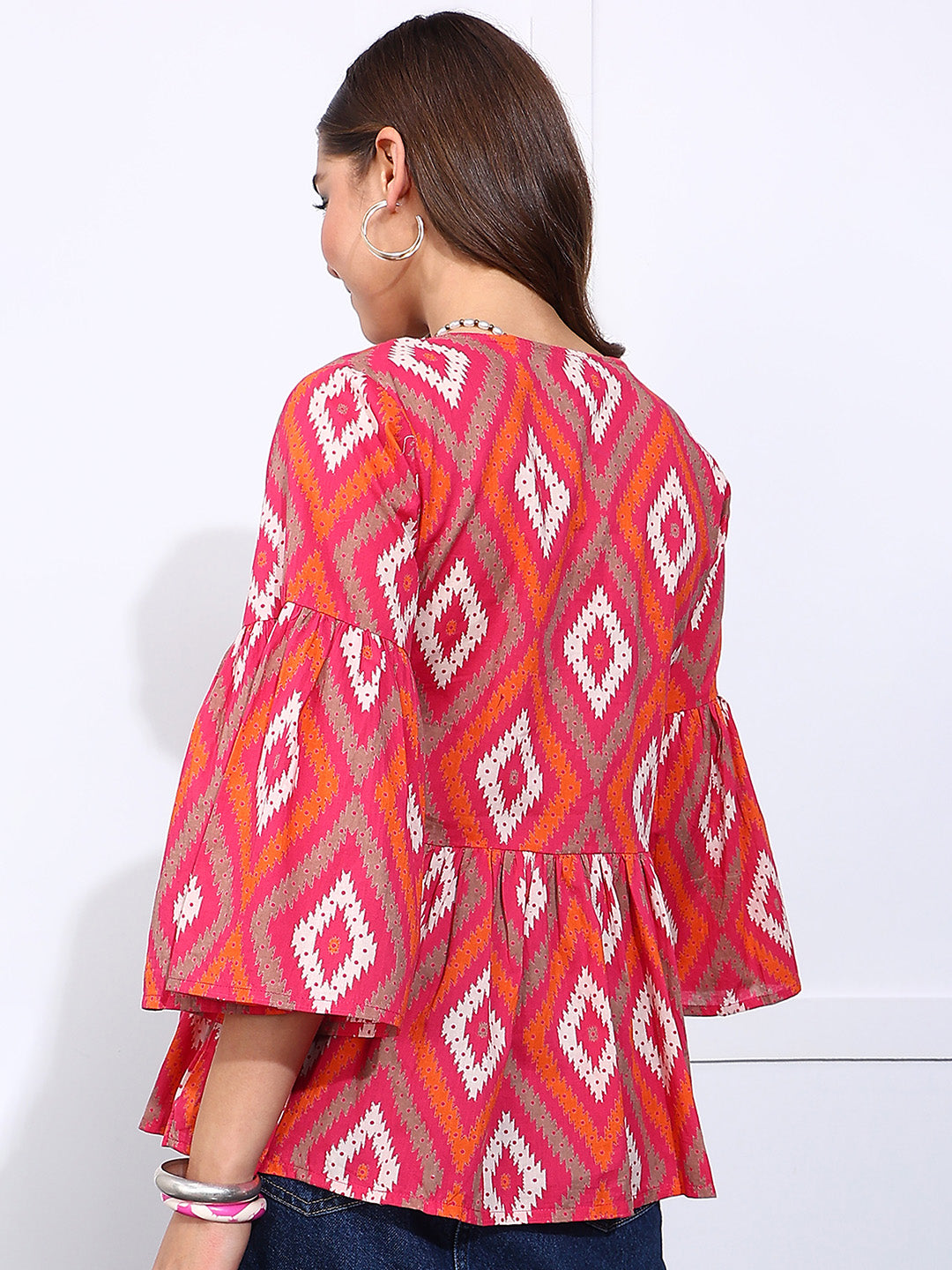 Pink Geometric Pattern Fit & Flare Cotton Stitched Top