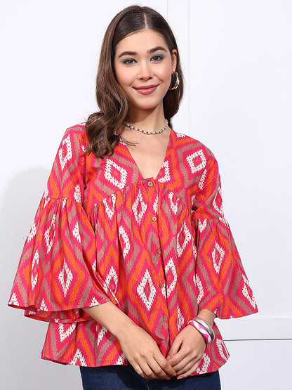 Pink Geometric Pattern Fit & Flare Cotton Stitched Top