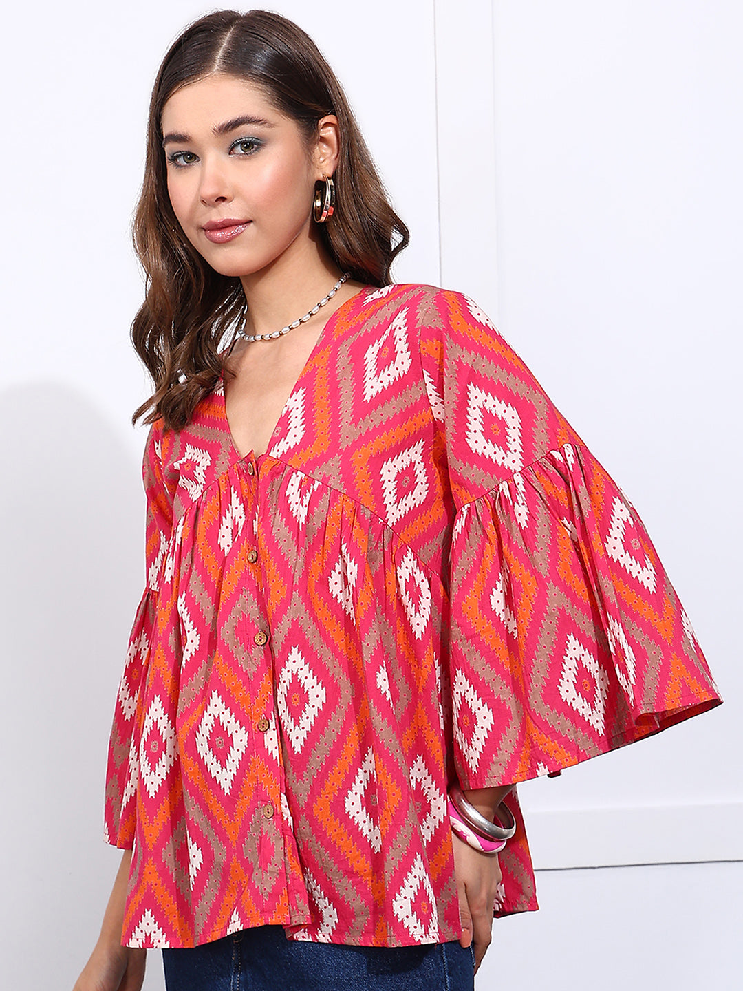 Pink Geometric Pattern Fit & Flare Cotton Stitched Top