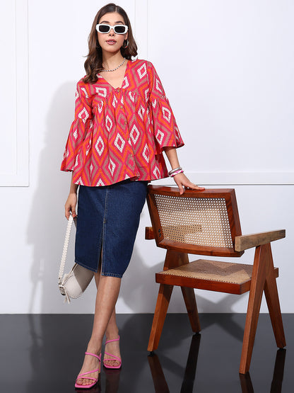 Pink Geometric Pattern Fit & Flare Cotton Stitched Top