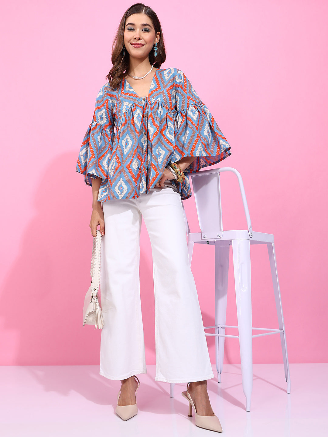 Sky Blue Geometric Pattern Fit & Flare Cotton Stitched Top