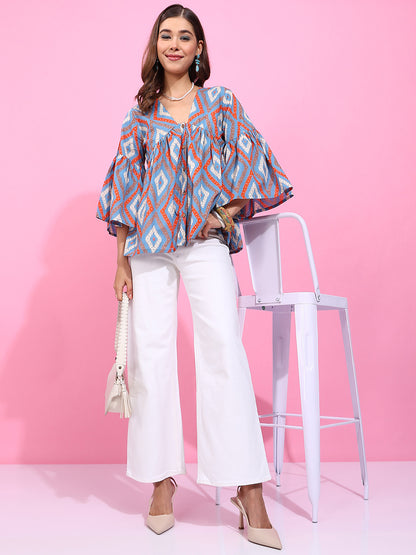 Sky Blue Geometric Pattern Fit & Flare Cotton Stitched Top