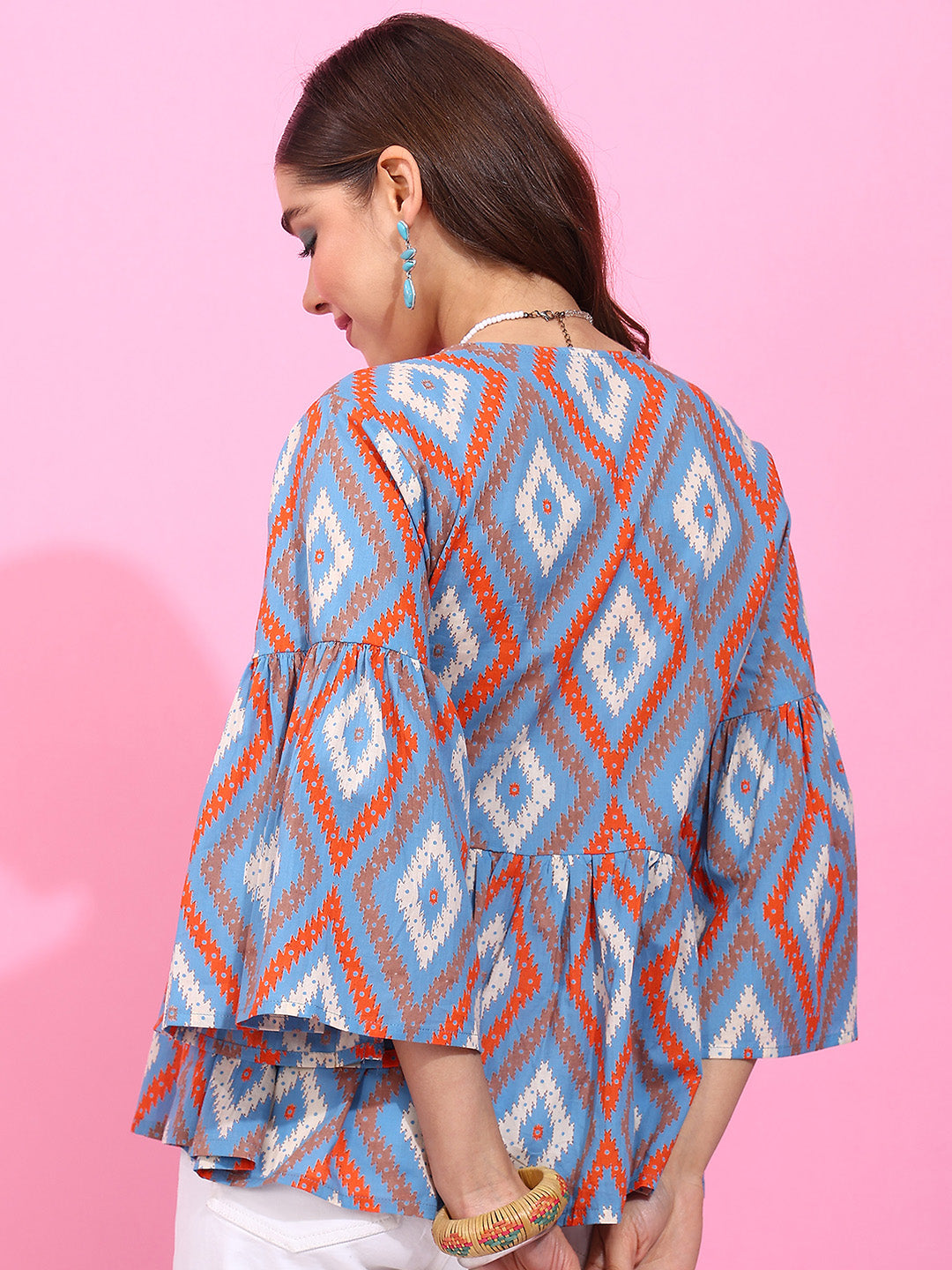 Sky Blue Geometric Pattern Fit & Flare Cotton Stitched Top