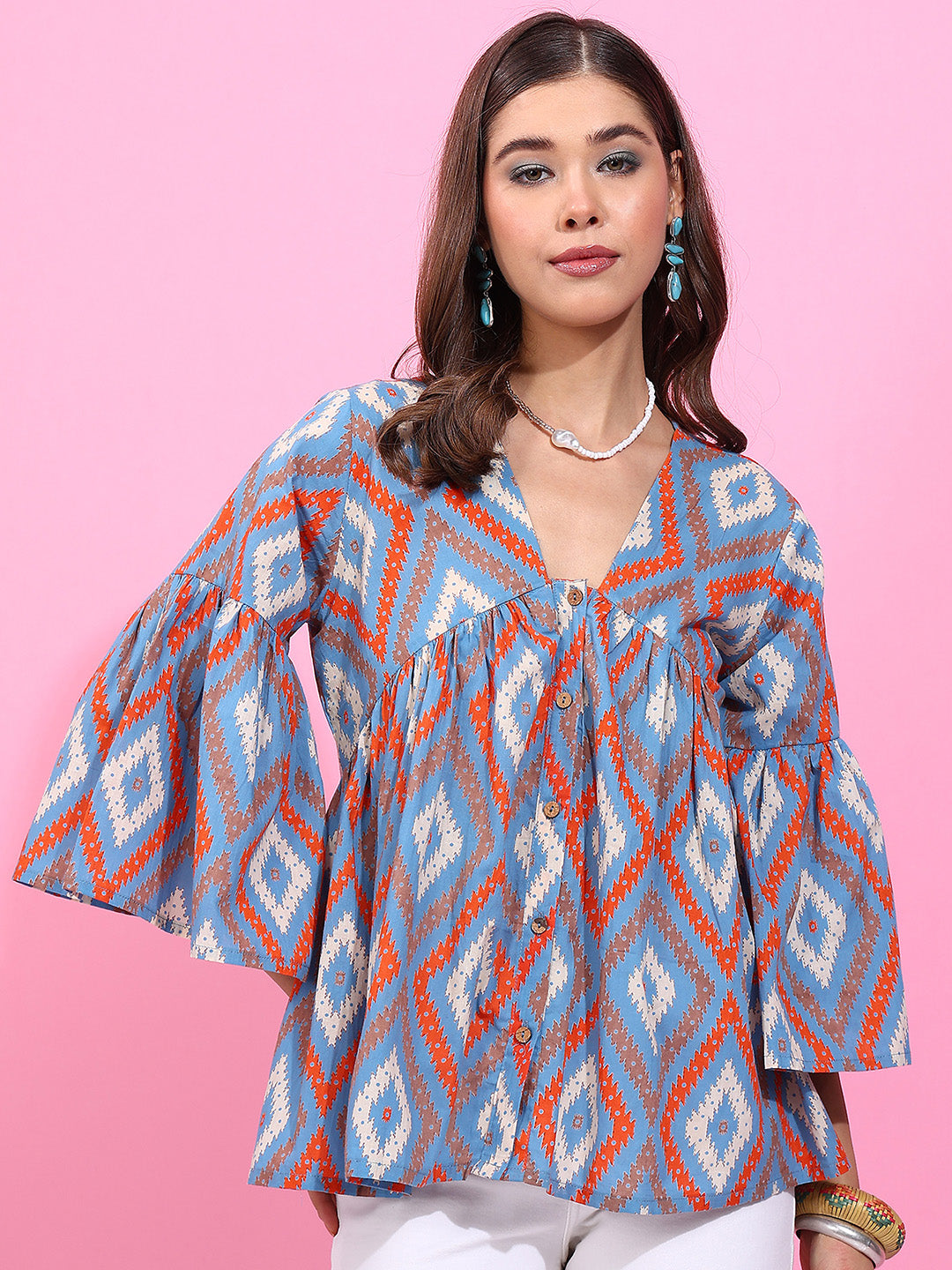 Sky Blue Geometric Pattern Fit & Flare Cotton Stitched Top