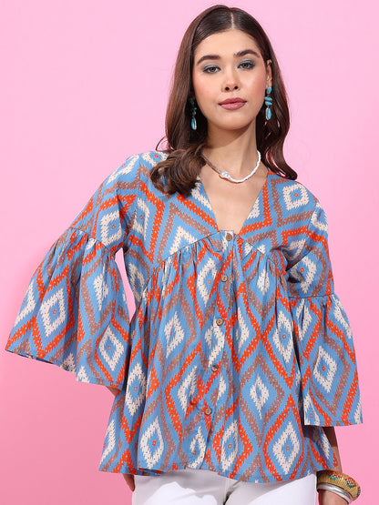 Sky Blue Geometric Pattern Fit & Flare Cotton Stitched Top