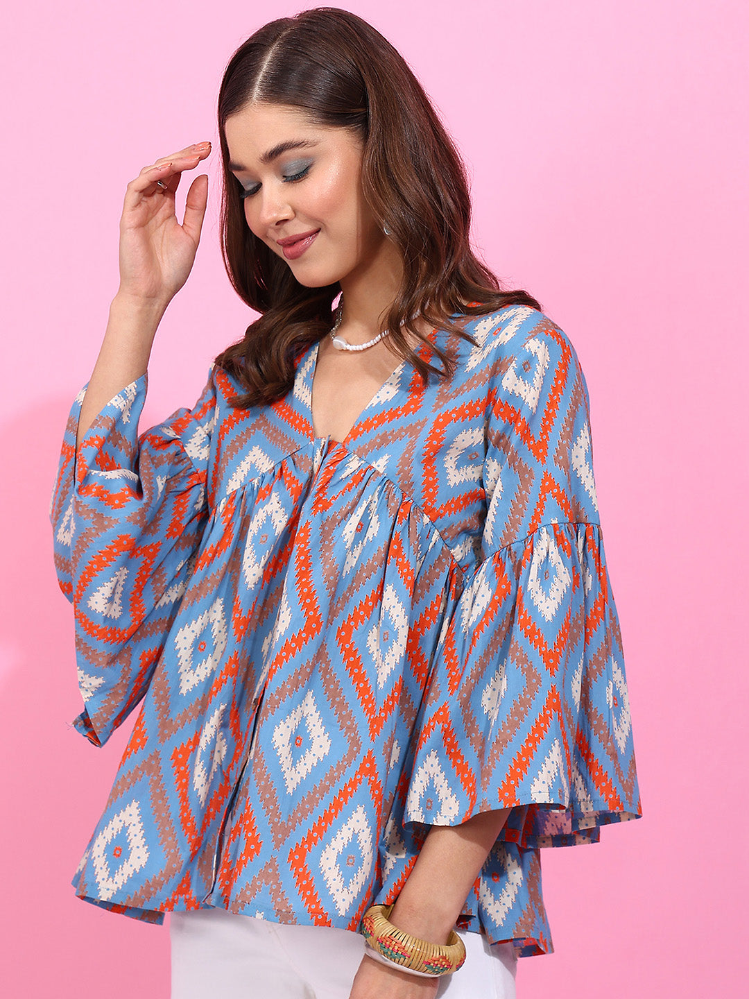Sky Blue Geometric Pattern Fit & Flare Cotton Stitched Top